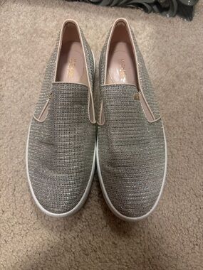Michael Kors Silver Glitter Slip-On Sneakers with Pink Trim